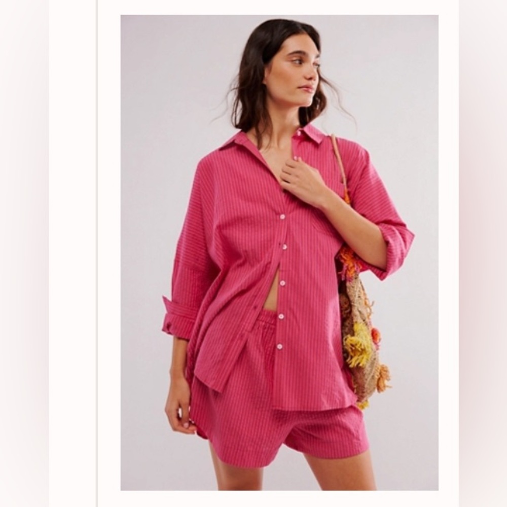 Free People Cloud Nine Pink Striped Button-Up Shirt Seersucker